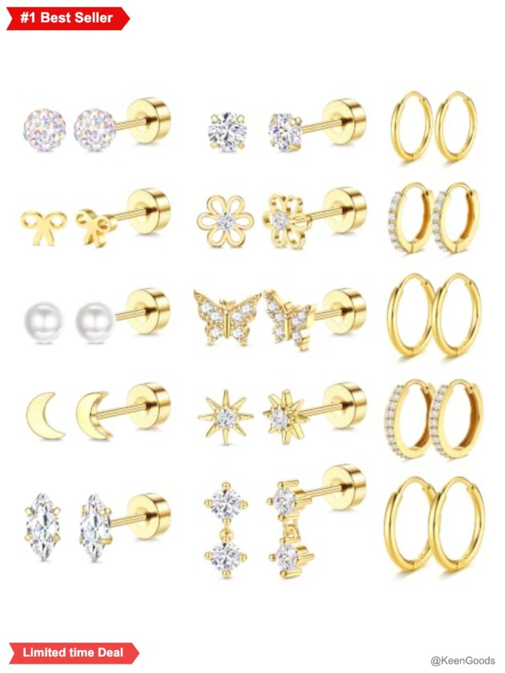 14K Gold Plated Flat Back Stud Earrings Hypoallergenic Surgical Steel Cartilage